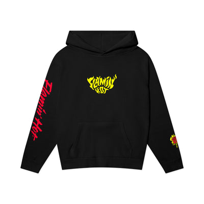 Black hoodie with yellow flame-style 