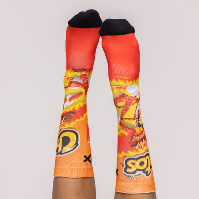 Orange-red crew socks with Flamin' Hot Cheetos bag print, 