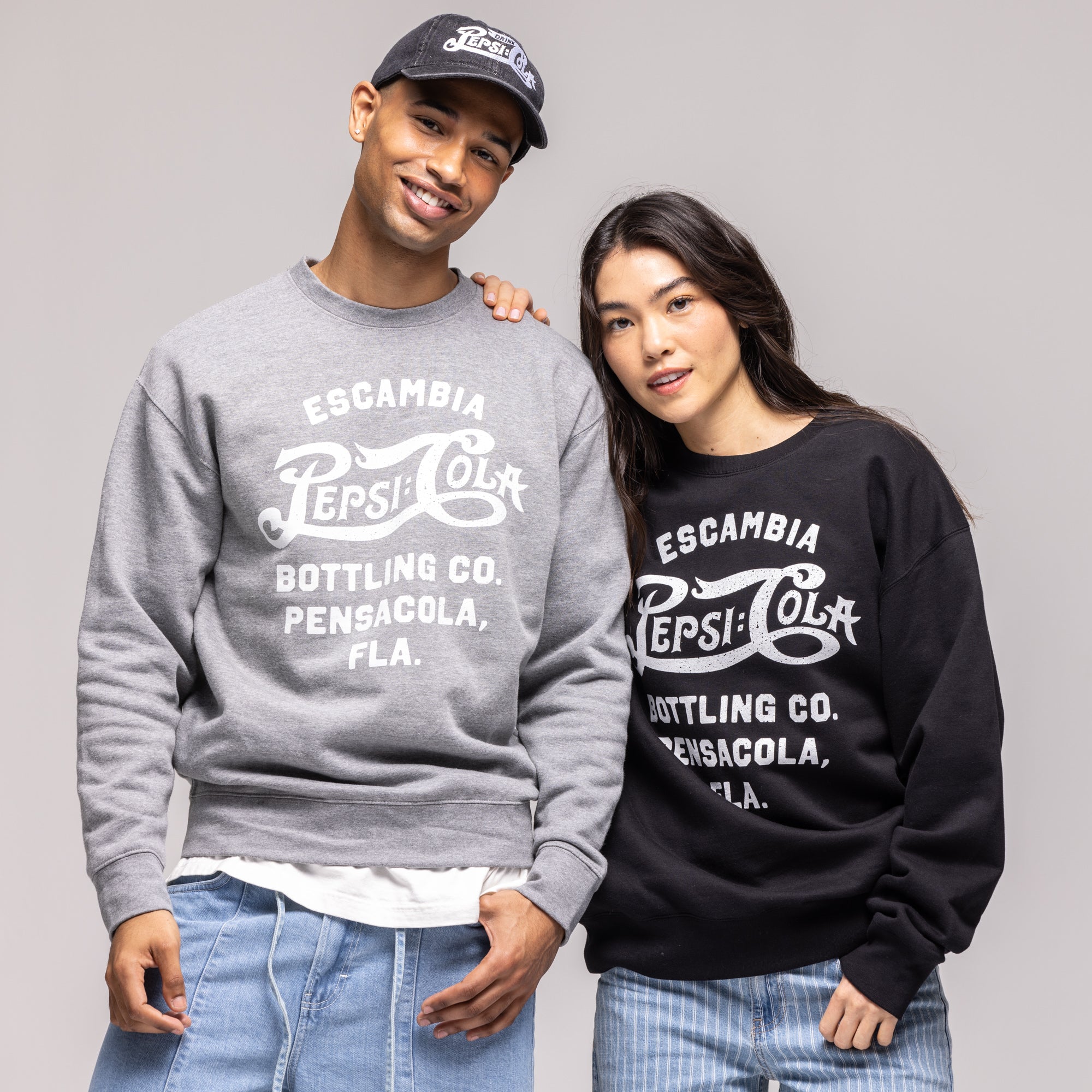Grey and black crewneck sweatshirts with white 
