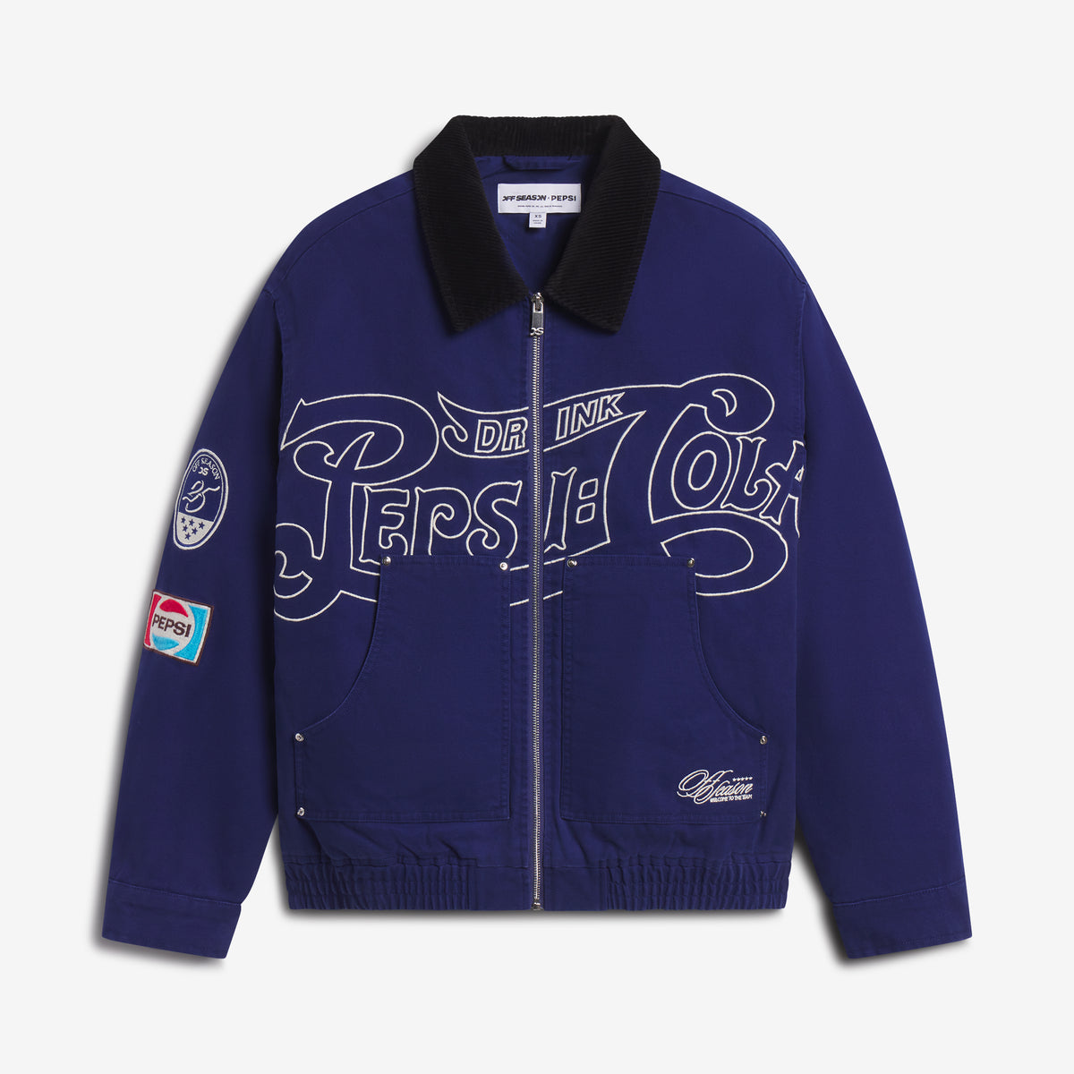 Front of the navy Pepsi canvas workwear jacket with black corduroy collar and Pepsi-Cola script outline embroidery