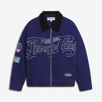 Front of the navy Pepsi canvas workwear jacket with black corduroy collar and Pepsi-Cola script outline embroidery