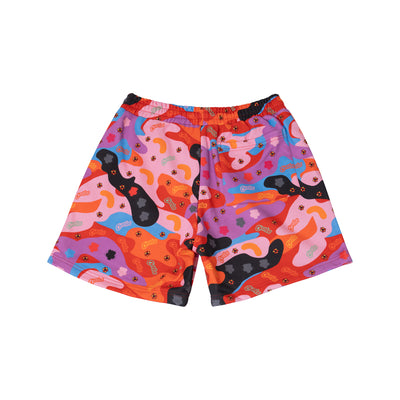 Cheetos X JaeTips camo shorts, back view with welt pocket