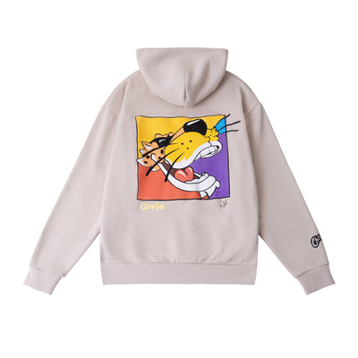 Cheetos X JaeTips Puffed Chester hoodie in cream, back view with the puff print