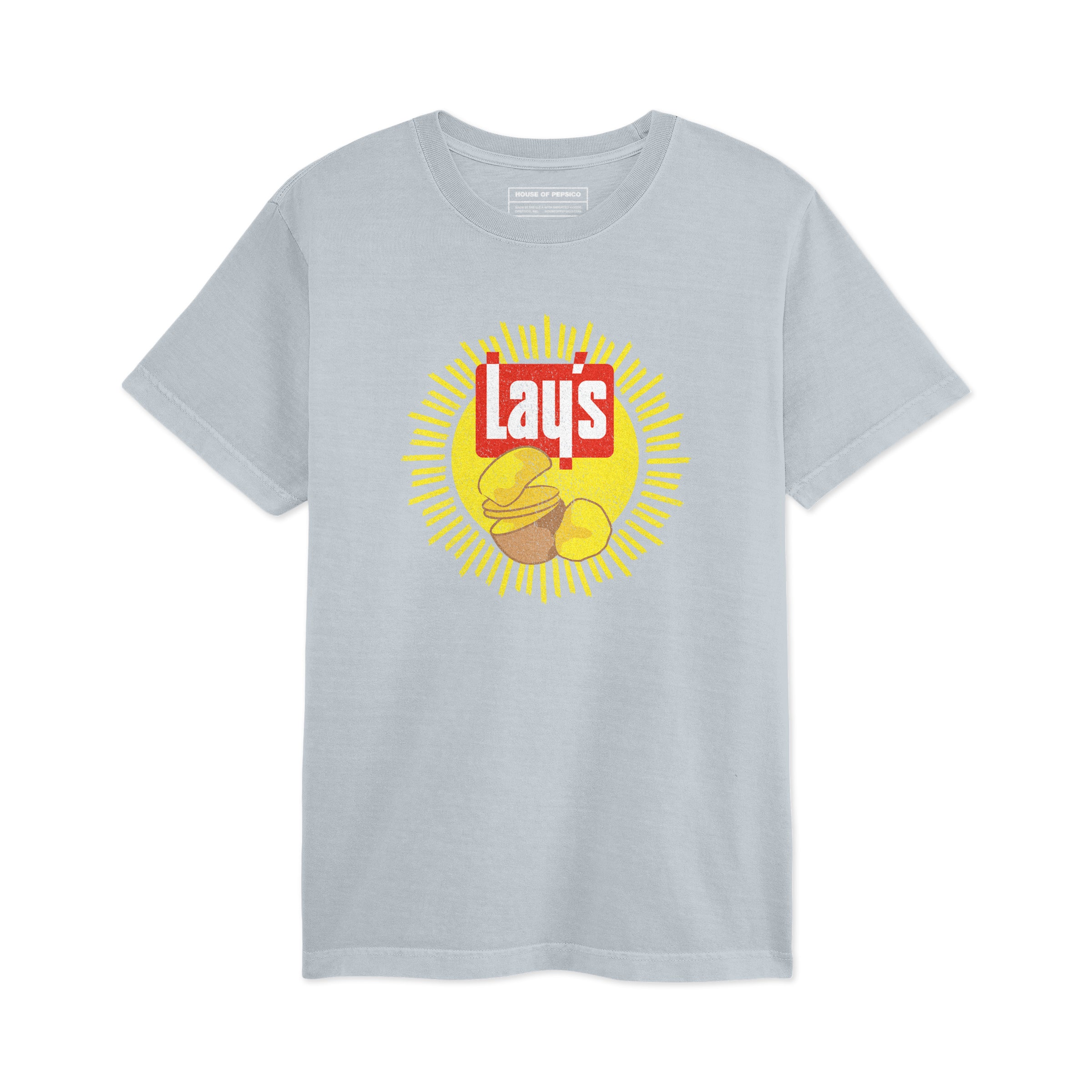 Light blue crew-neck tee with yellow sun graphic, red and white 