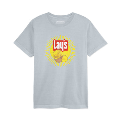 Light blue crew-neck tee with yellow sun graphic, red and white 