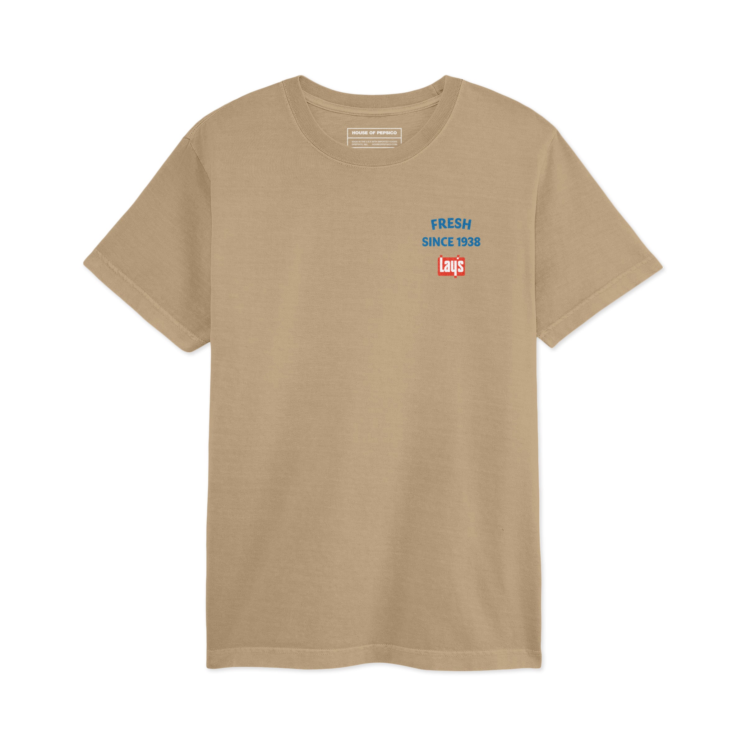 Tan short-sleeve t-shirt with blue 