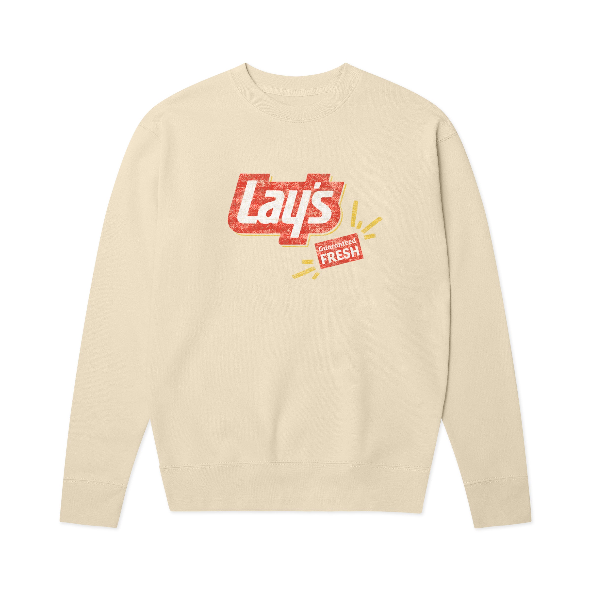 Cream crewneck sweatshirt with distressed red and white 