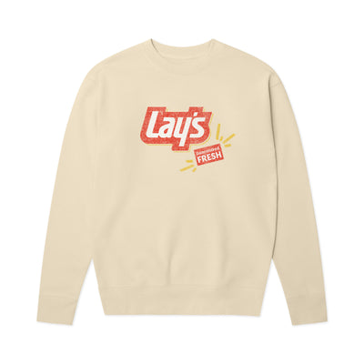 Cream crewneck sweatshirt with distressed red and white 