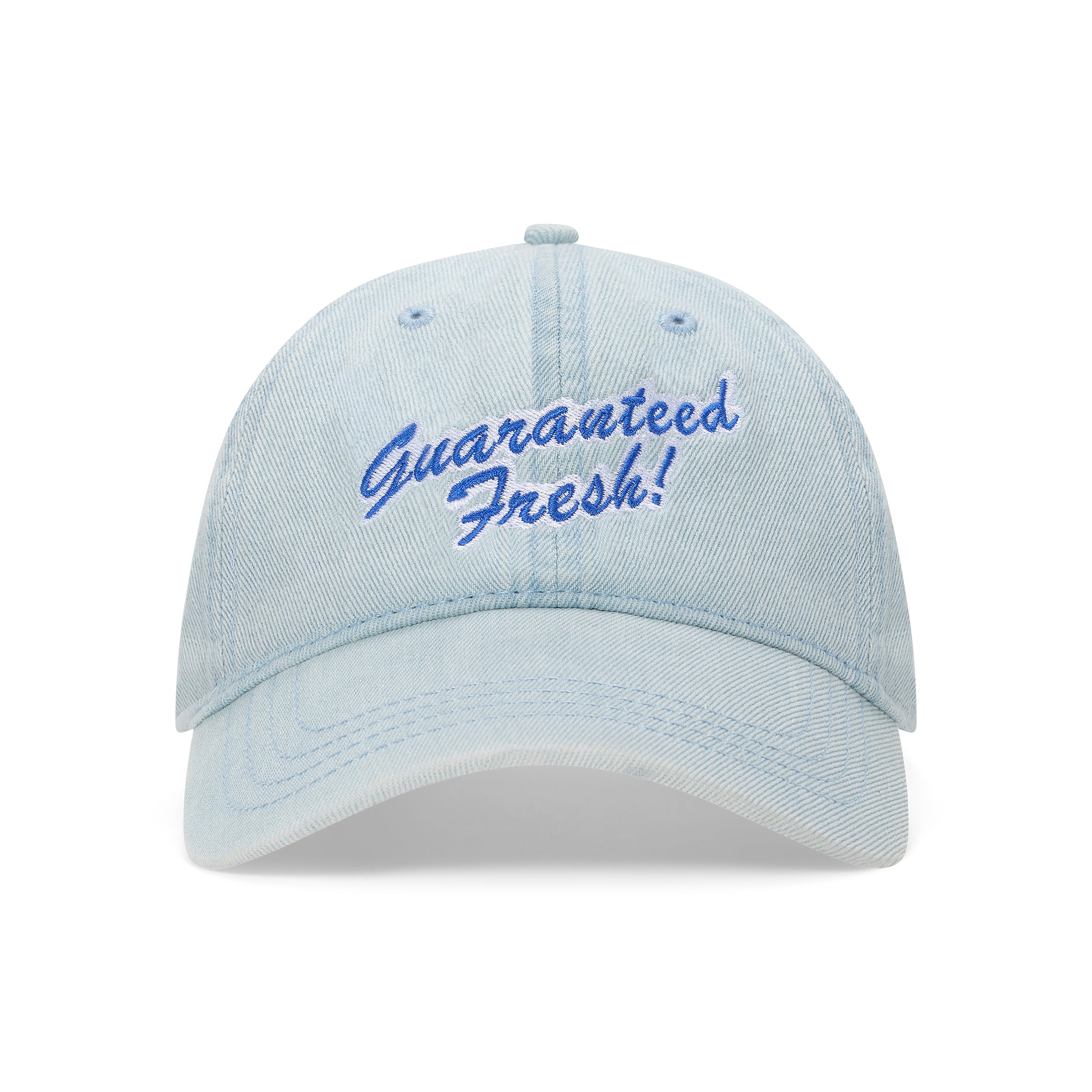 Light blue denim dad hat with blue embroidered script 