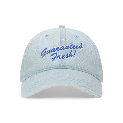 Light blue denim dad hat with blue embroidered script 