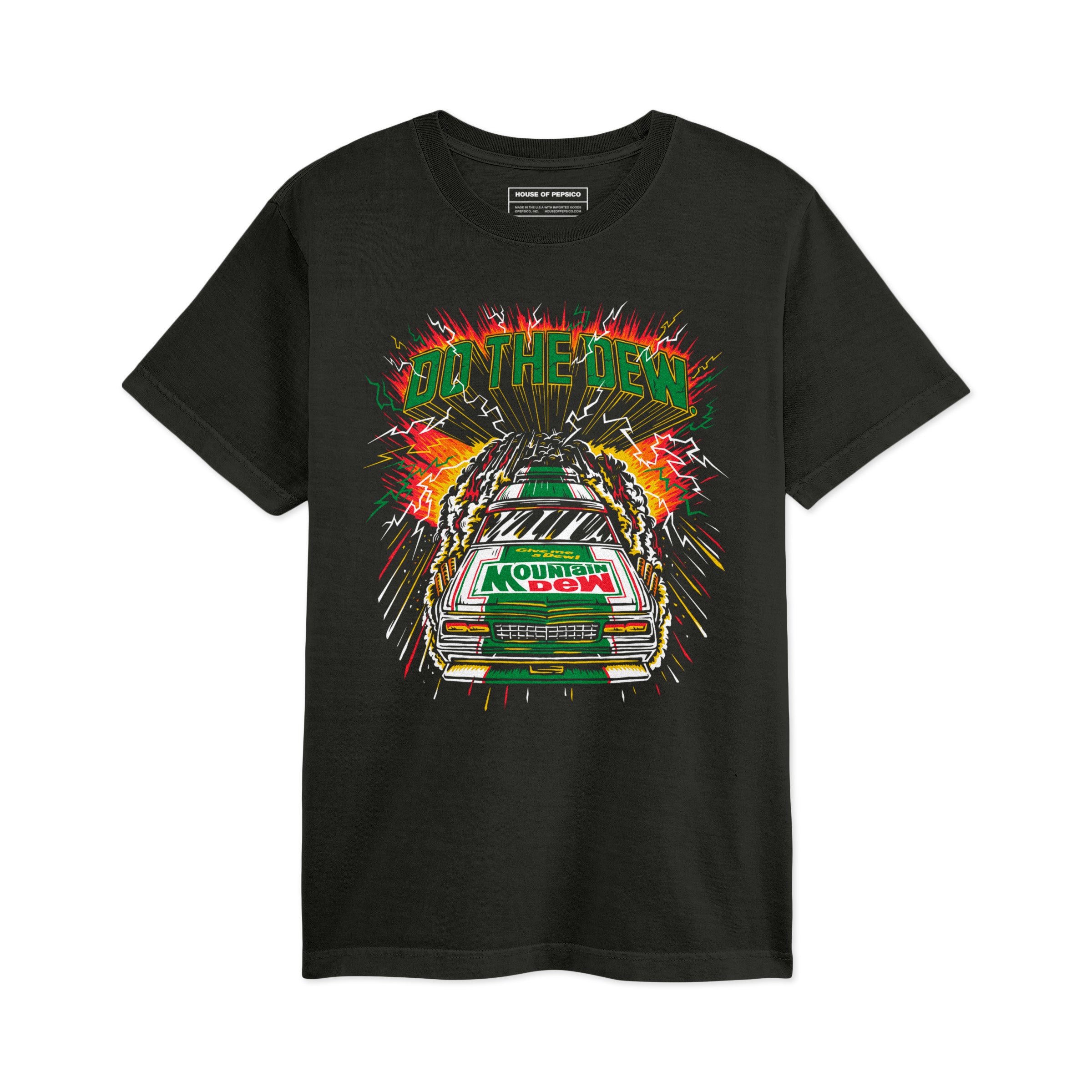 Black t-shirt with racing car graphic, green 