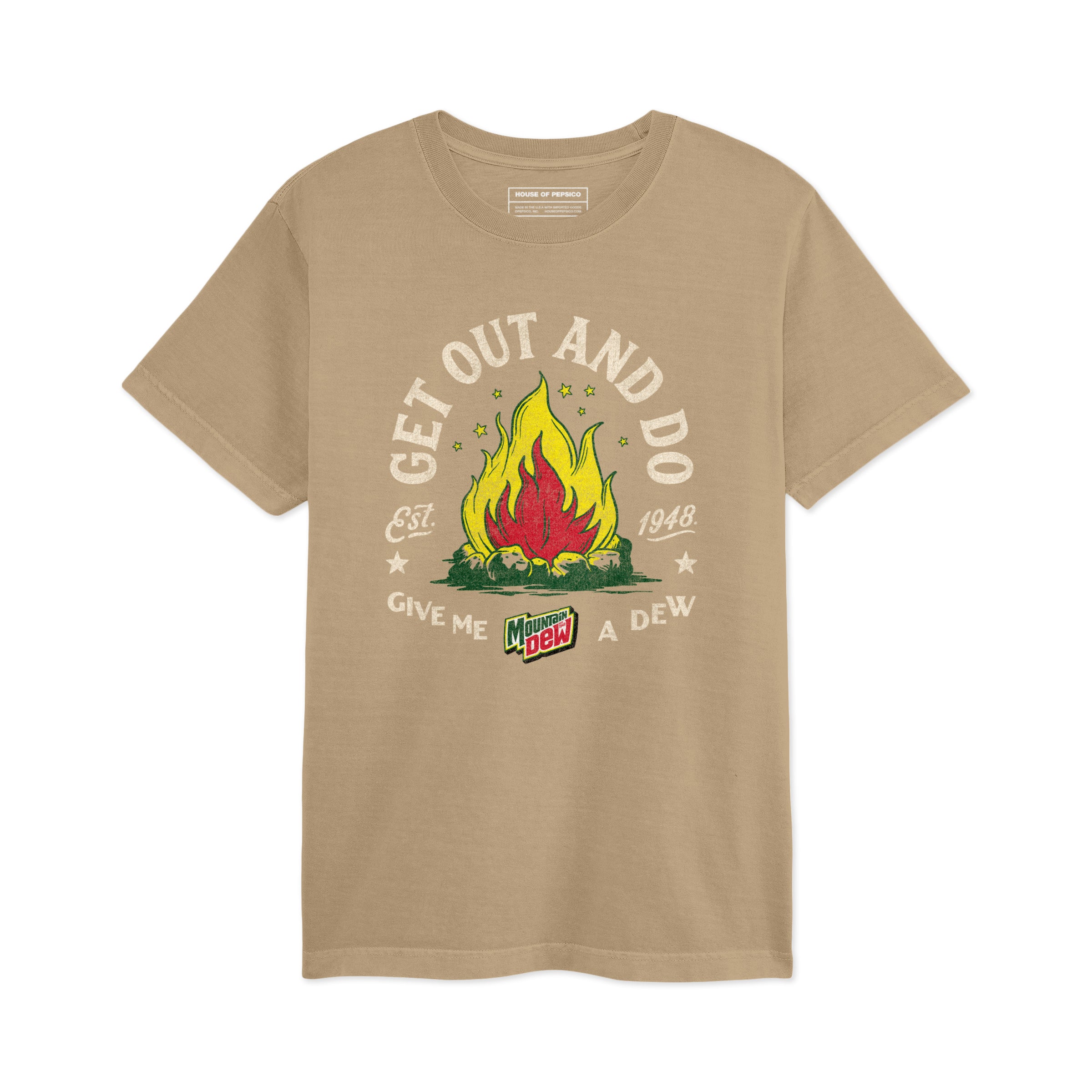 Tan short-sleeve tee with campfire graphic, 