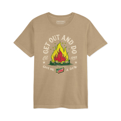 Tan short-sleeve tee with campfire graphic, 