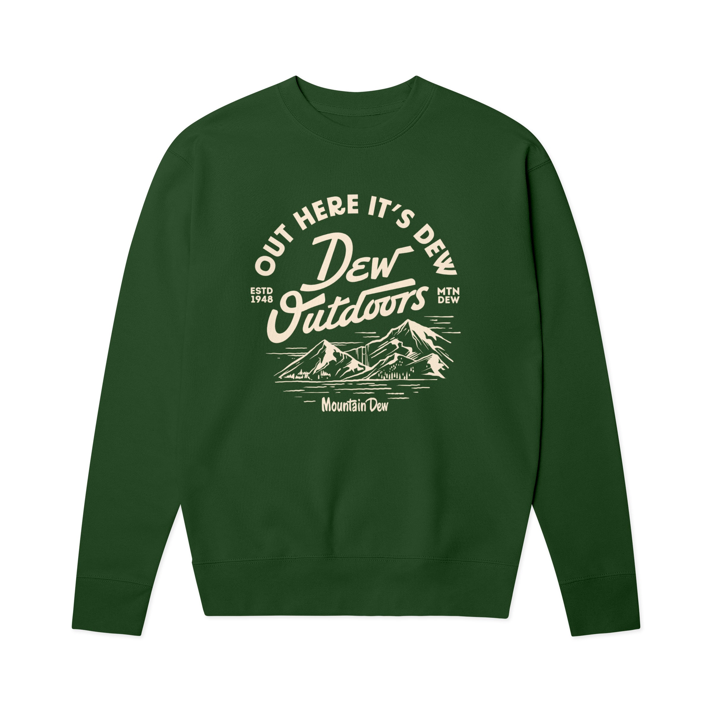 Forest green crewneck sweatshirt with cream vintage mountain graphic reading 