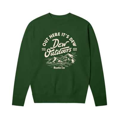Forest green crewneck sweatshirt with cream vintage mountain graphic reading 