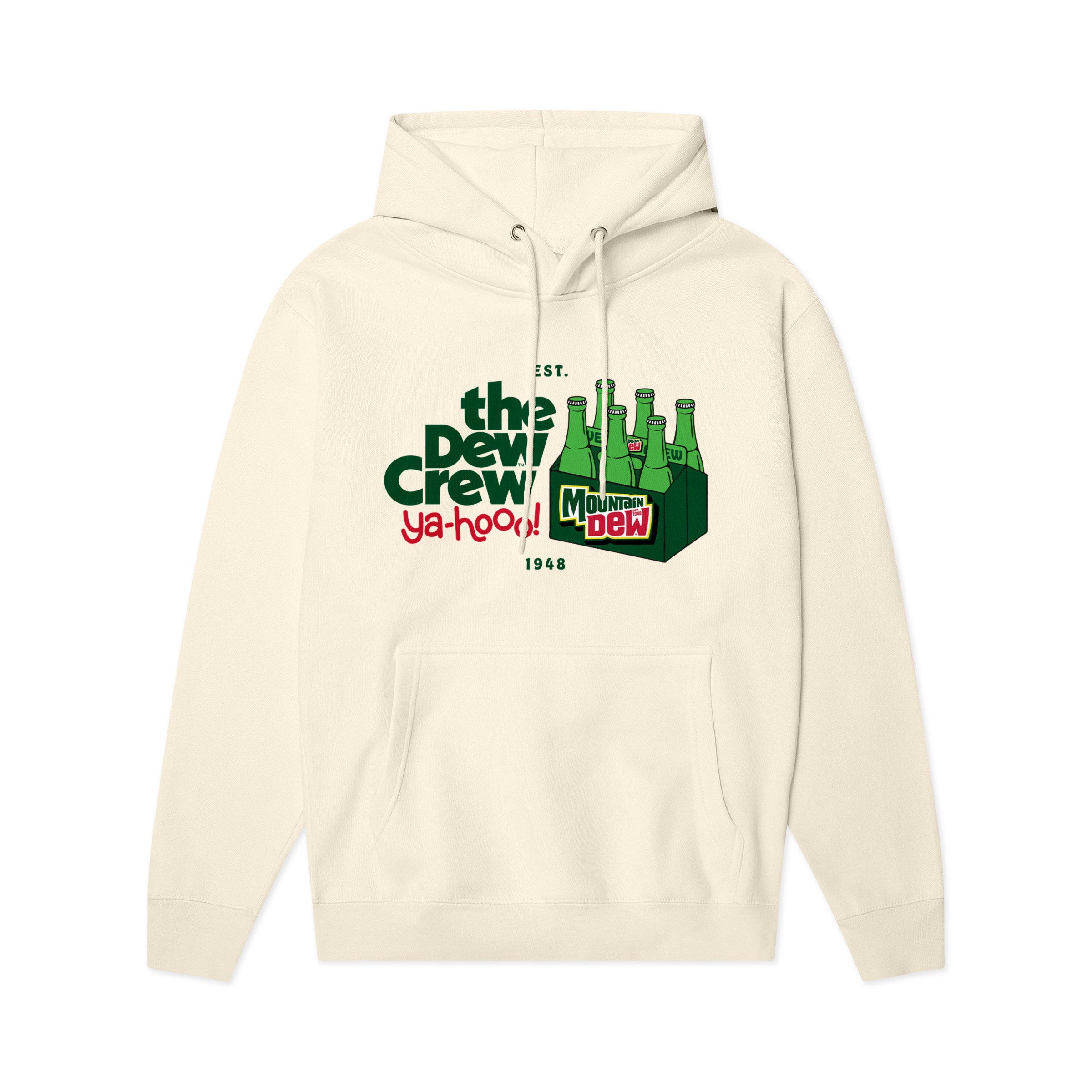 Cream hoodie with green, red & yellow graphic: 