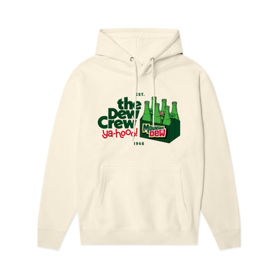 Cream hoodie with green, red & yellow graphic: 