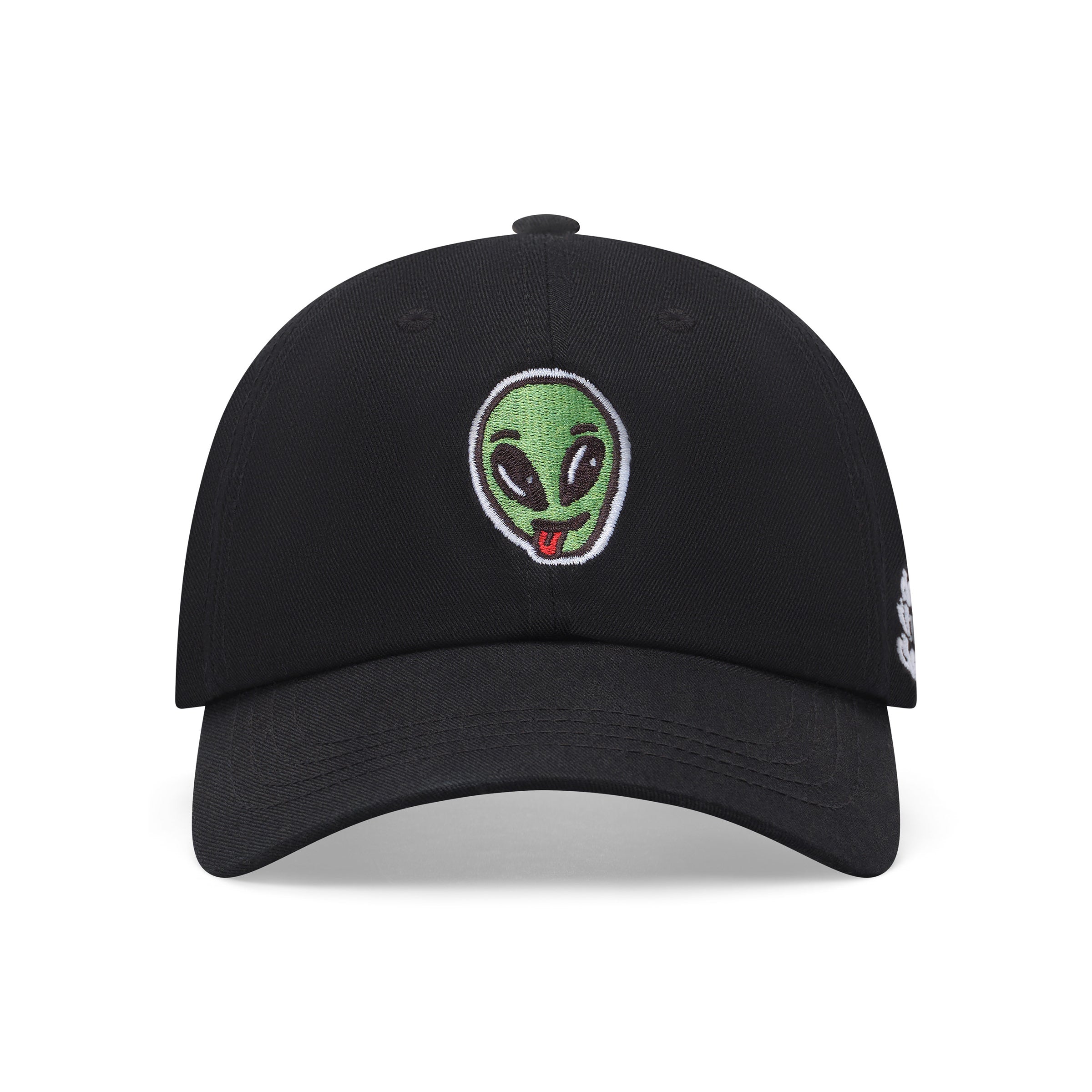 Black dad hat with embroidered green alien emoji face sticking out red tongue, white background
