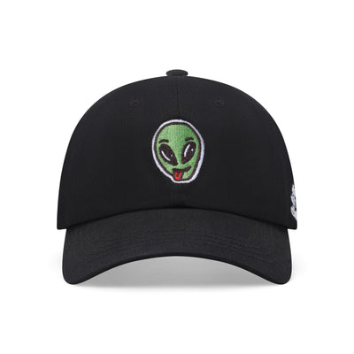 Black dad hat with embroidered green alien emoji face sticking out red tongue, white background