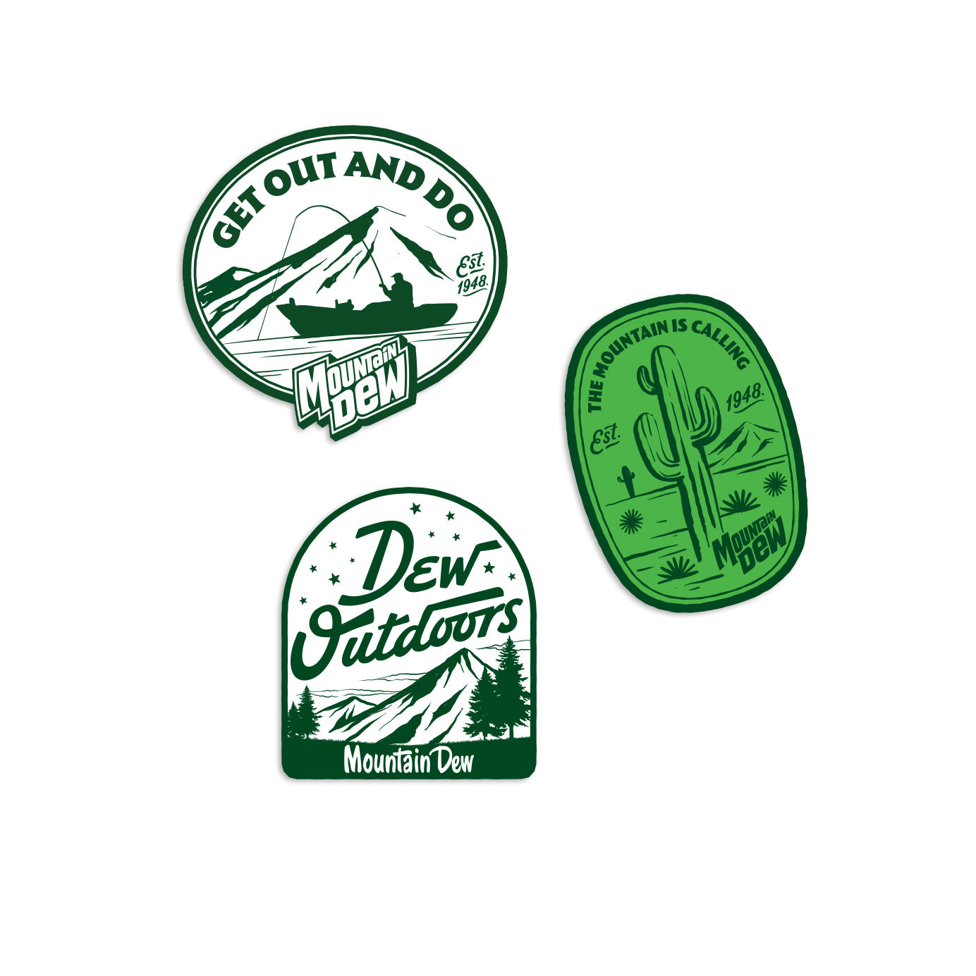 Green & white Mountain Dew sticker 3-pack with outdoor themes, 