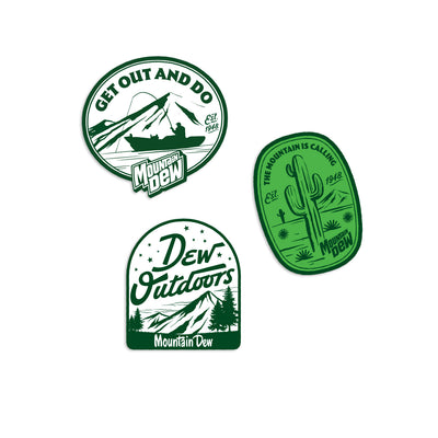 Green & white Mountain Dew sticker 3-pack with outdoor themes, 