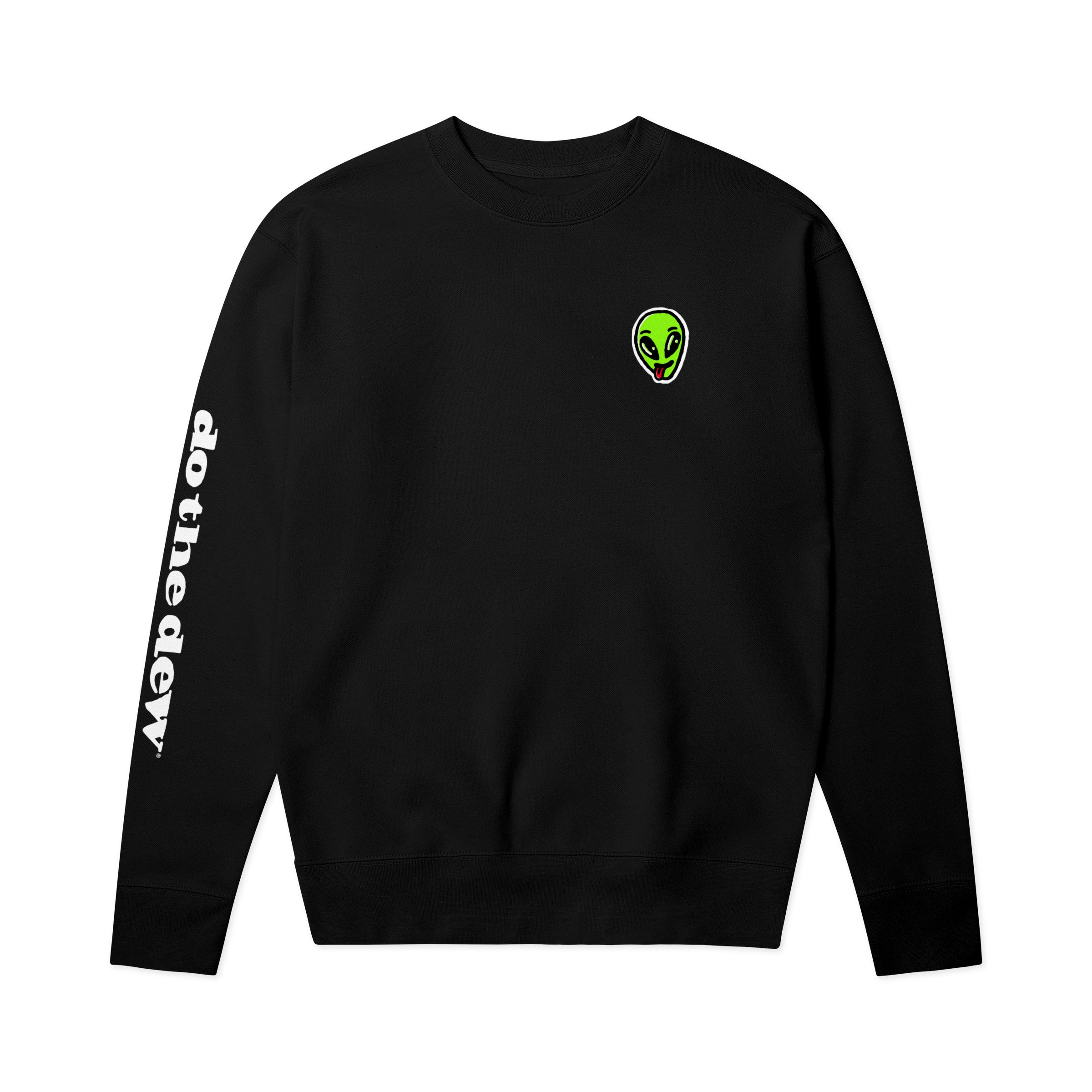 Black crewneck sweatshirt with green alien face patch and white 