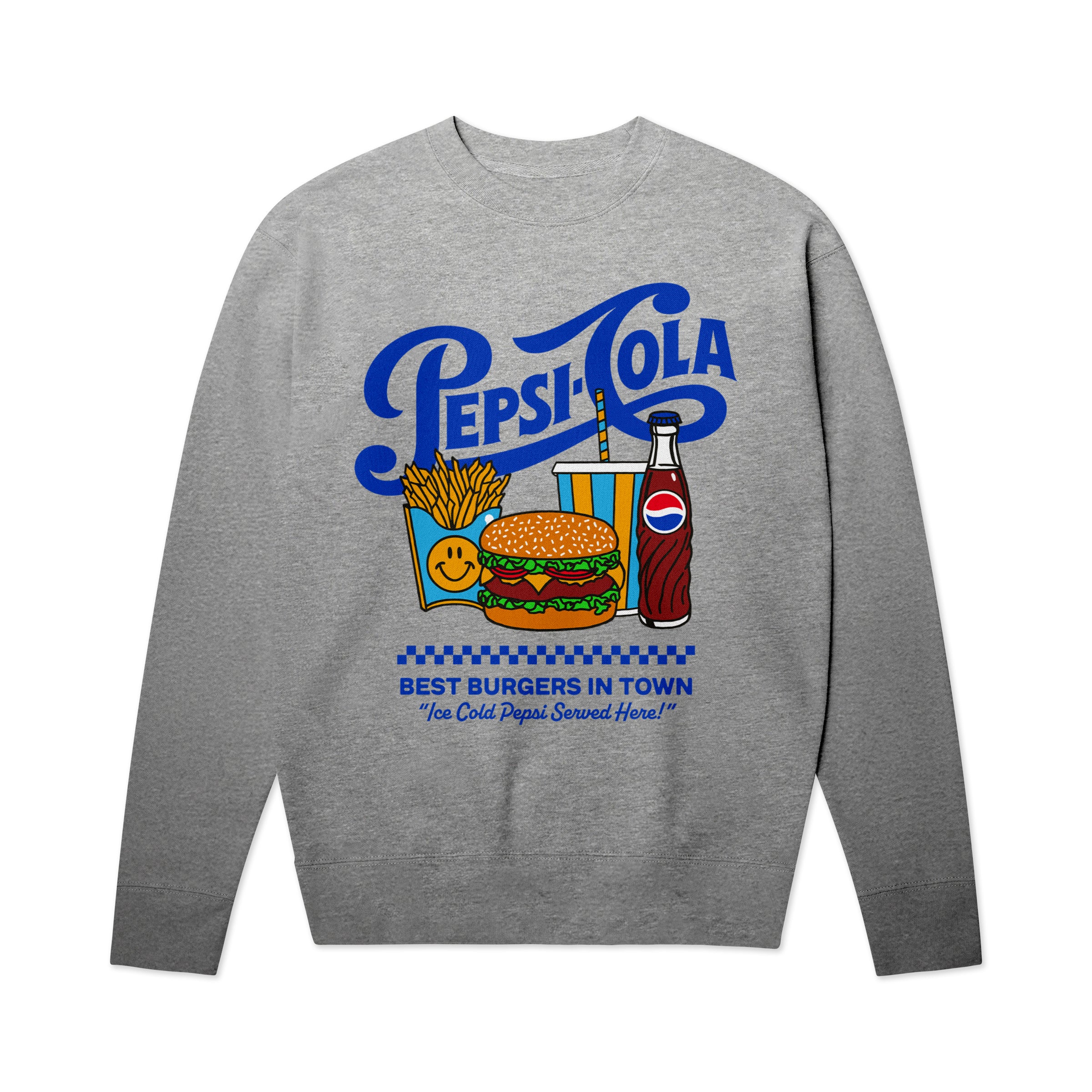 Grey crewneck sweatshirt with diner graphic, blue 