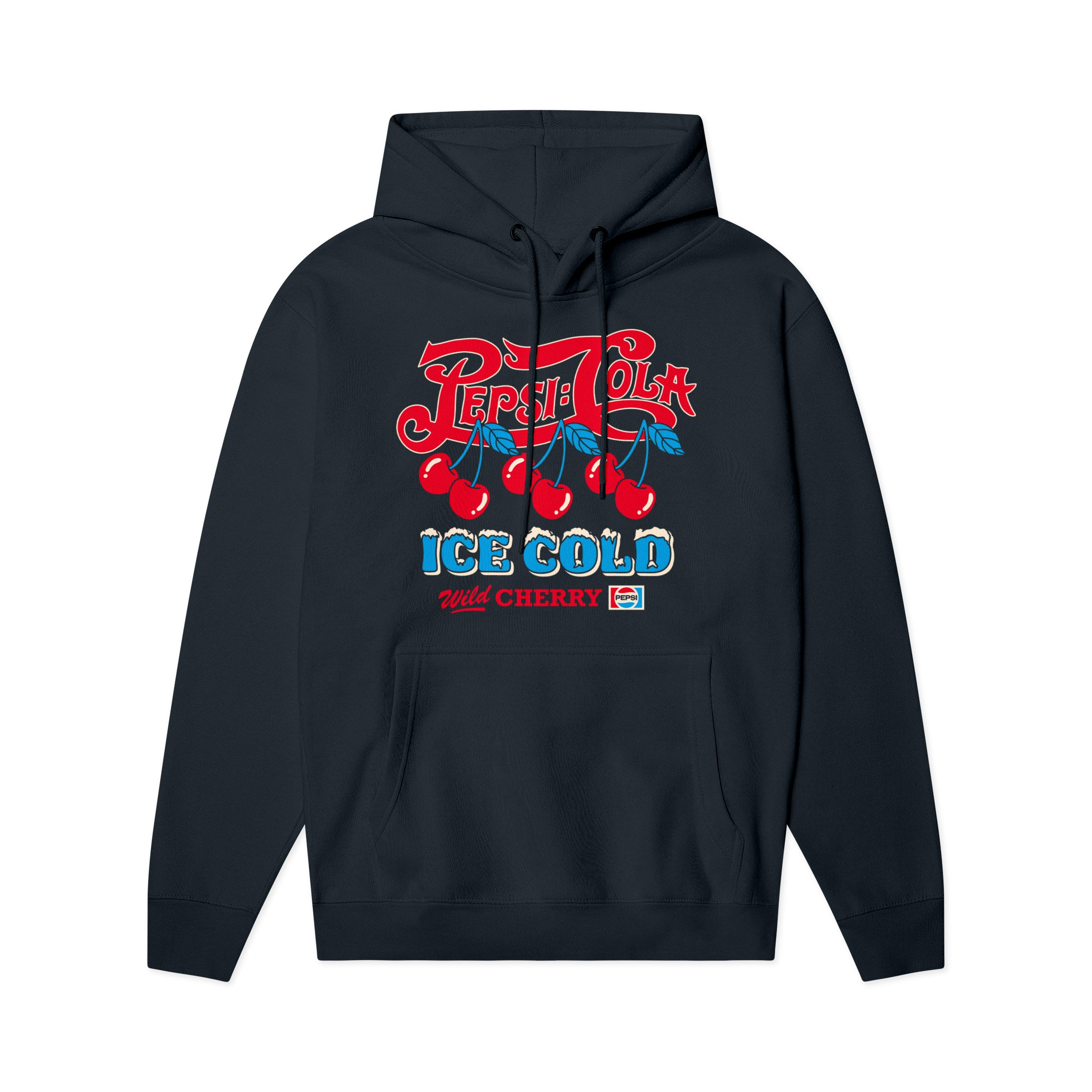 Navy hoodie with red and blue cherry graphic, 