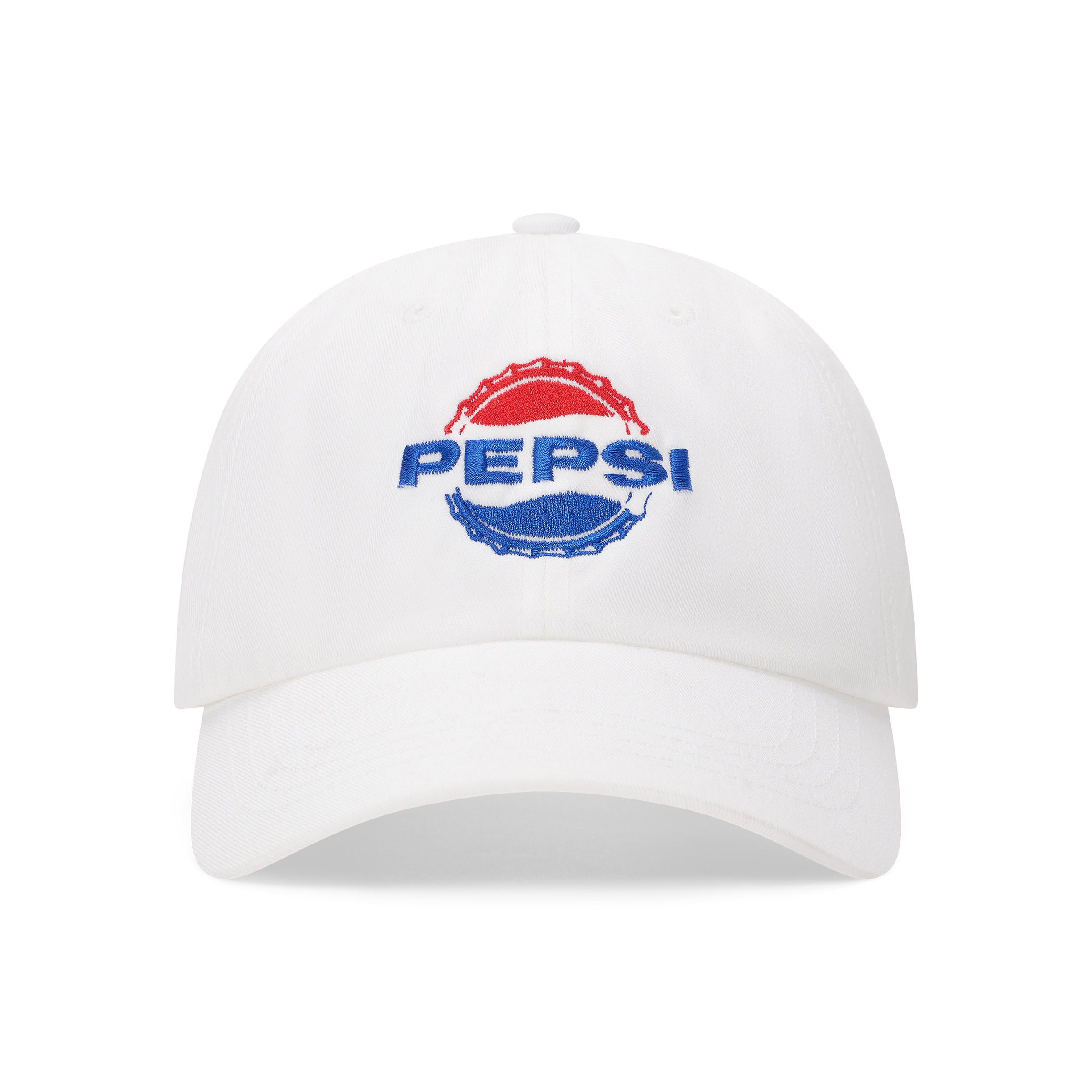 White baseball cap with embroidered red and blue bottle cap 