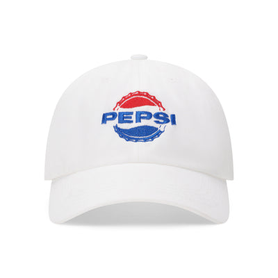 White baseball cap with embroidered red and blue bottle cap 