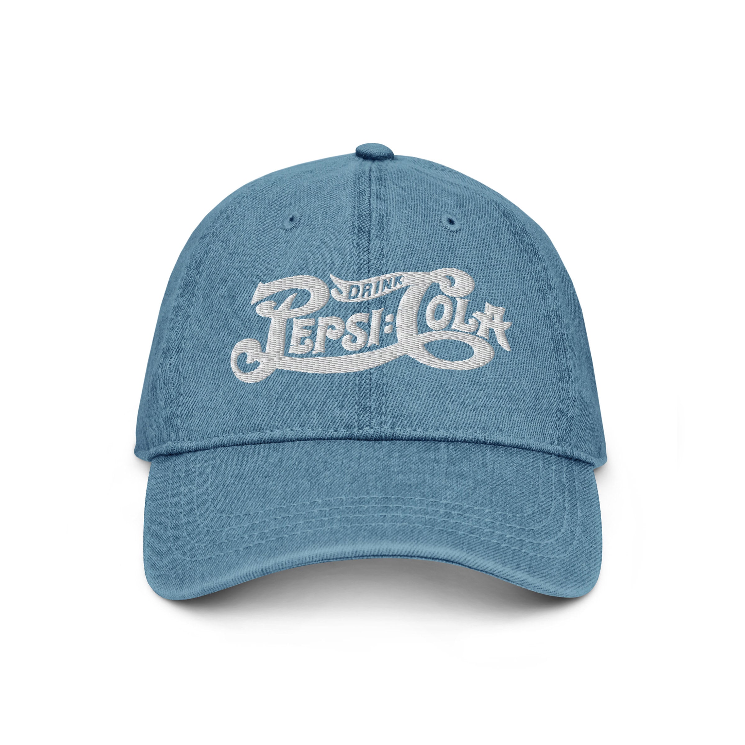 Light blue denim dad hat with white embroidered vintage 
