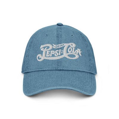 Light blue denim dad hat with white embroidered vintage 