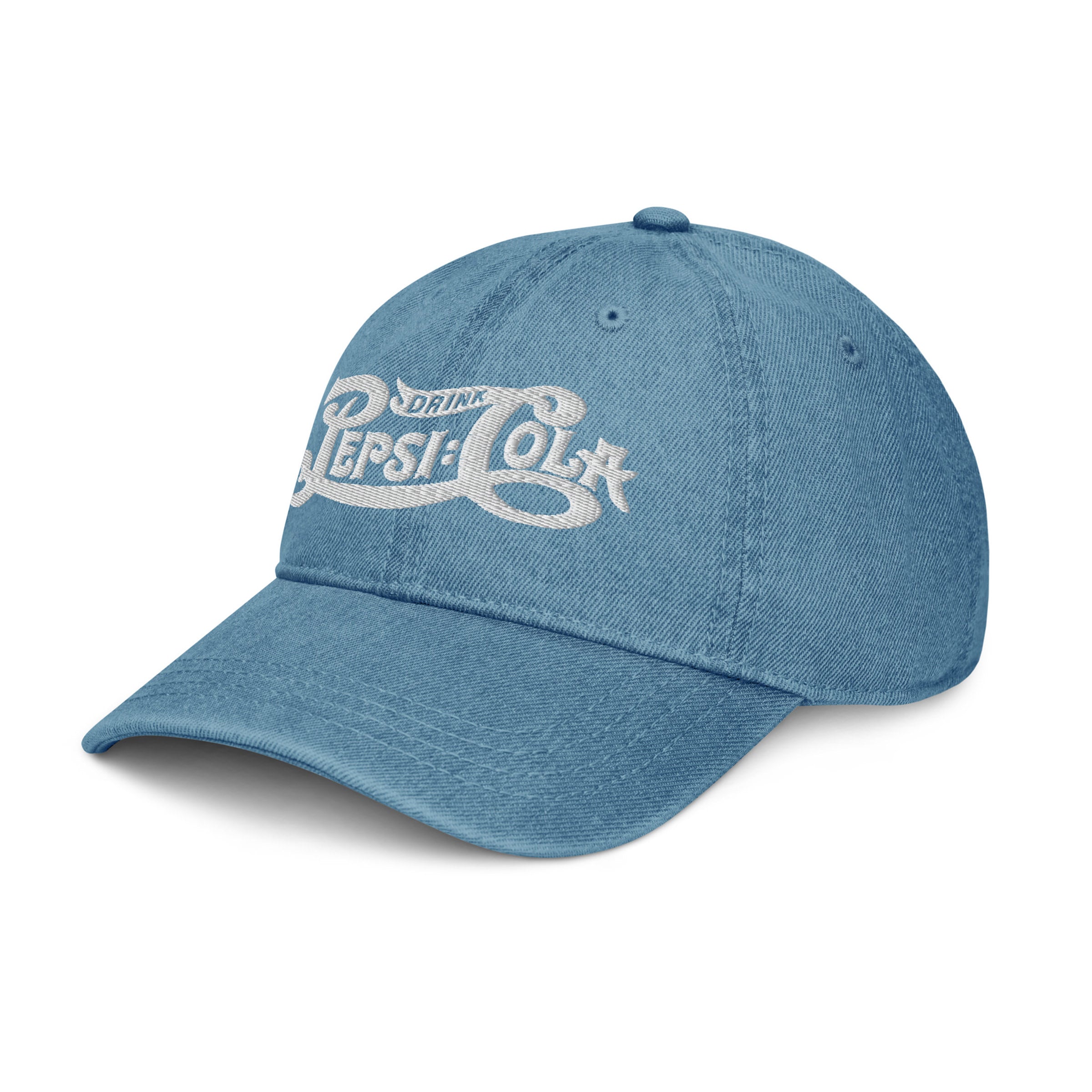 Light blue denim dad hat with white embroidered 