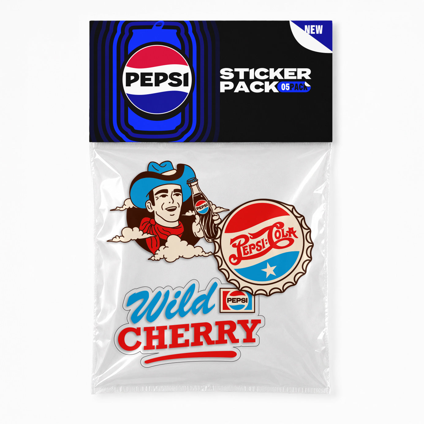 White sticker 3-pack in clear bag, retro Pepsi designs including 