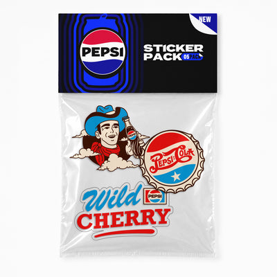 White sticker 3-pack in clear bag, retro Pepsi designs including 