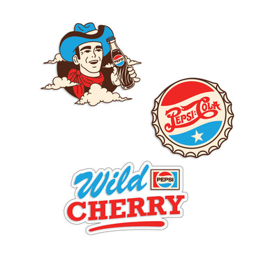 Three vintage Pepsi sticker pack with red, blue, and cream retro designs on white background