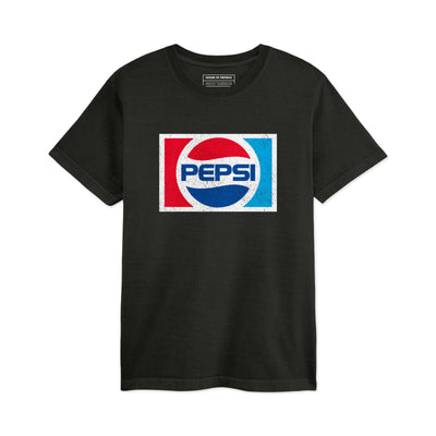 Black crew-neck tee with distressed rectangular 