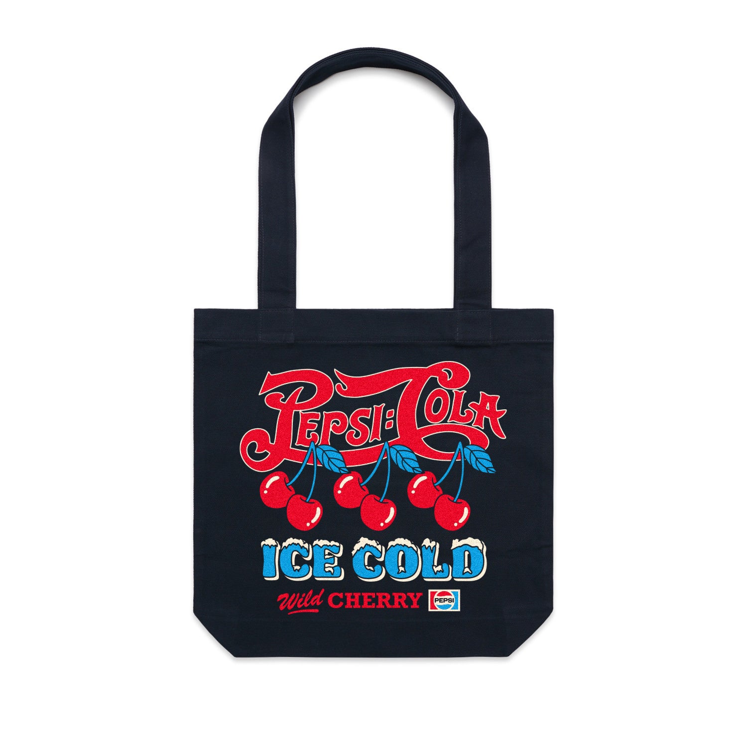 Navy tote bag with red cursive 
