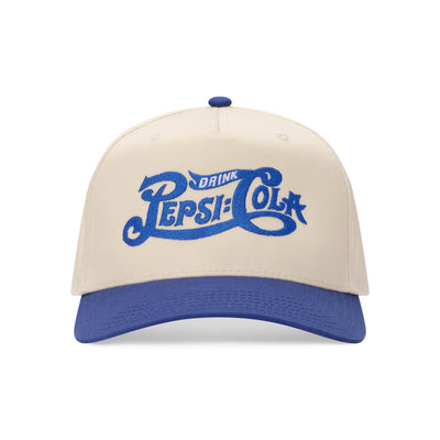 Cream and blue two-tone snapback hat with blue embroidered 