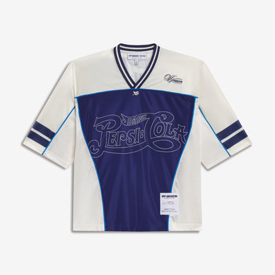 Front of the cream and navy Pepsi V-neck jersey with Pepsi-Cola outline embroidery and striped sleeves