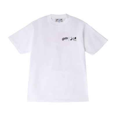 Cheetos X JaeTips Flamin’ Hot t-shirt in white, front view with chest lockup