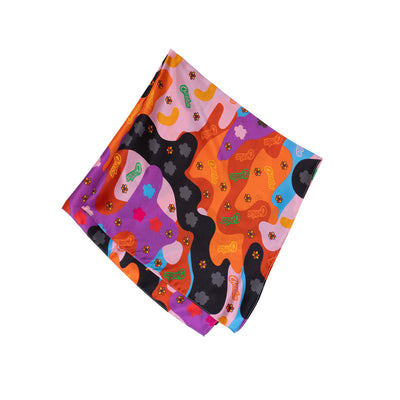 Cheetos X JaeTips camo bandana folded to show the silk drape