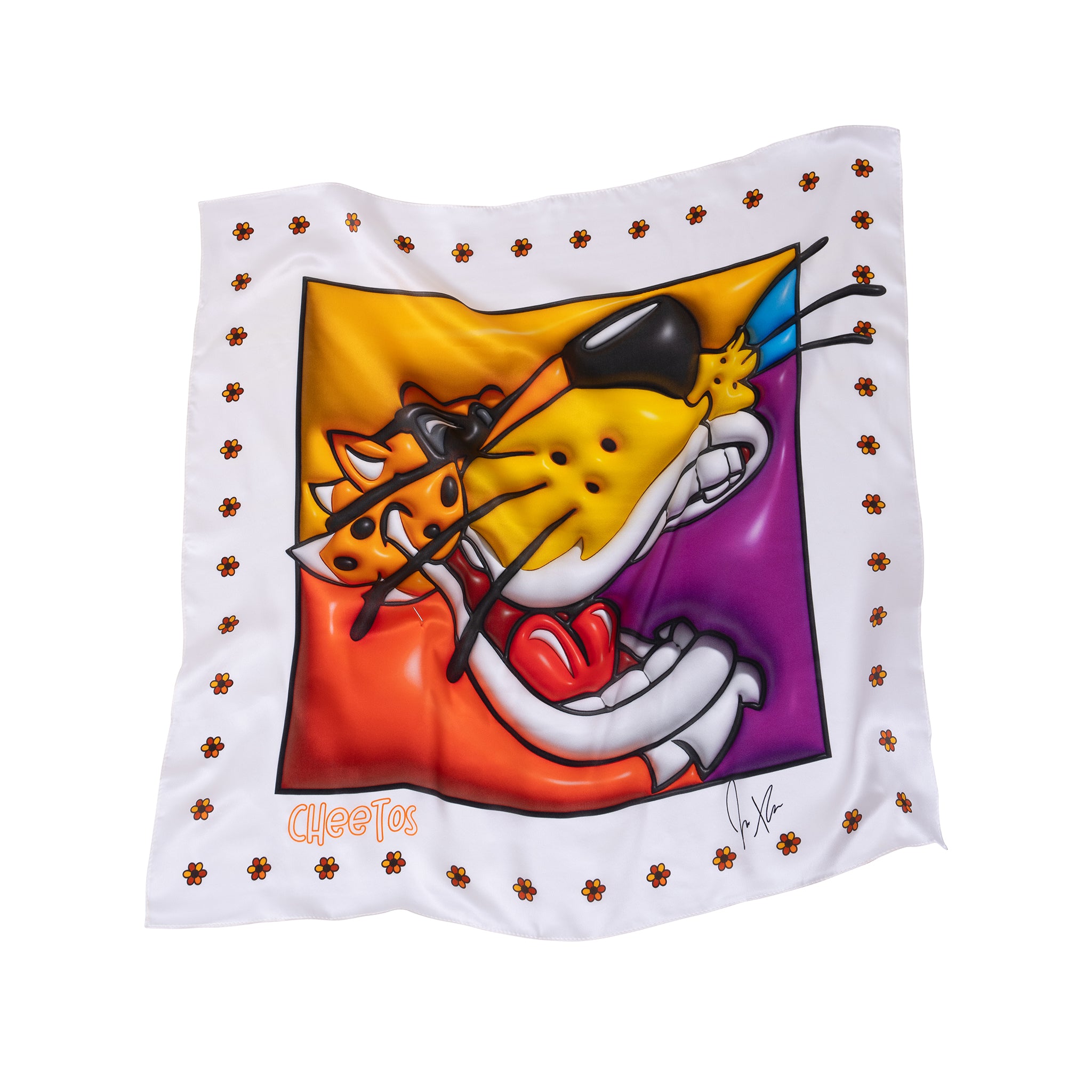 Cheetos X JaeTips Puffed Chester bandana in silk, shown open