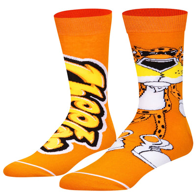 Orange crew socks with Chester Cheetah graphic and yellow-black 