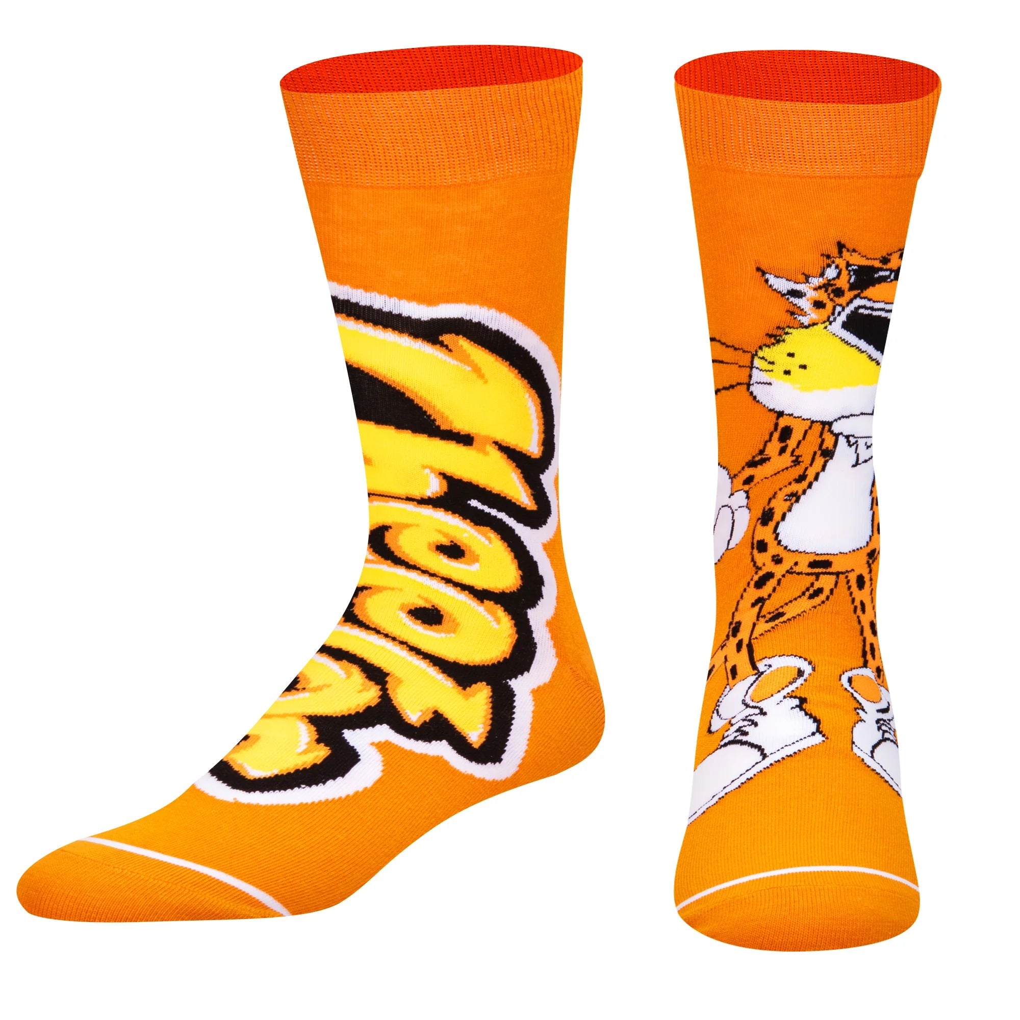 Orange crew socks featuring Chester Cheetah and bold yellow-black 
