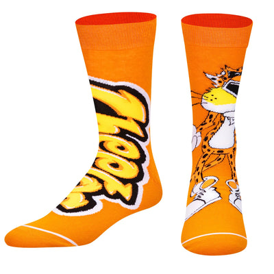 Orange crew socks featuring Chester Cheetah and bold yellow-black 