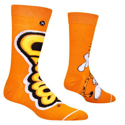 Orange crew socks pair, one with yellow-and-black 