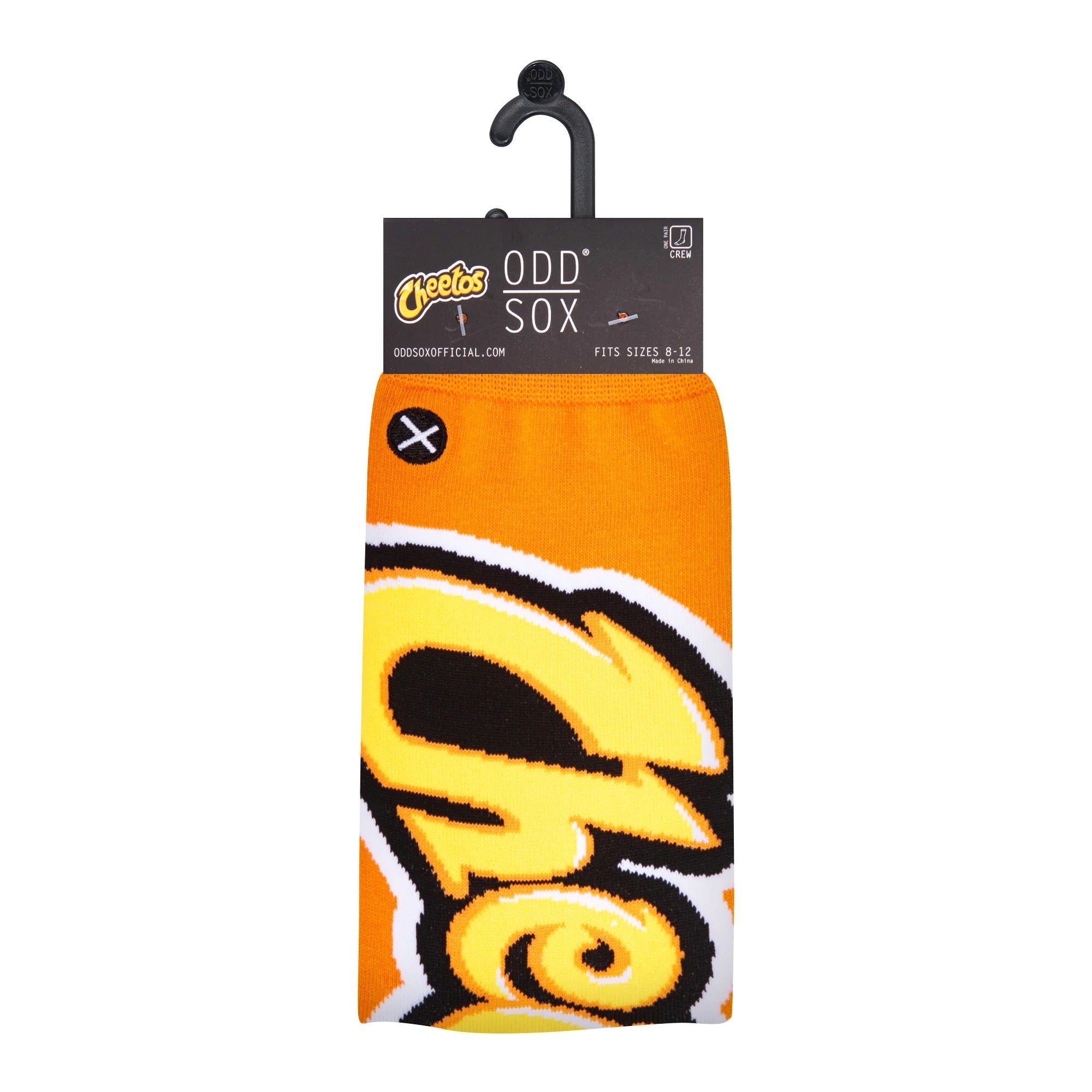 Orange crew sock with oversized Chester Cheetah logo, 