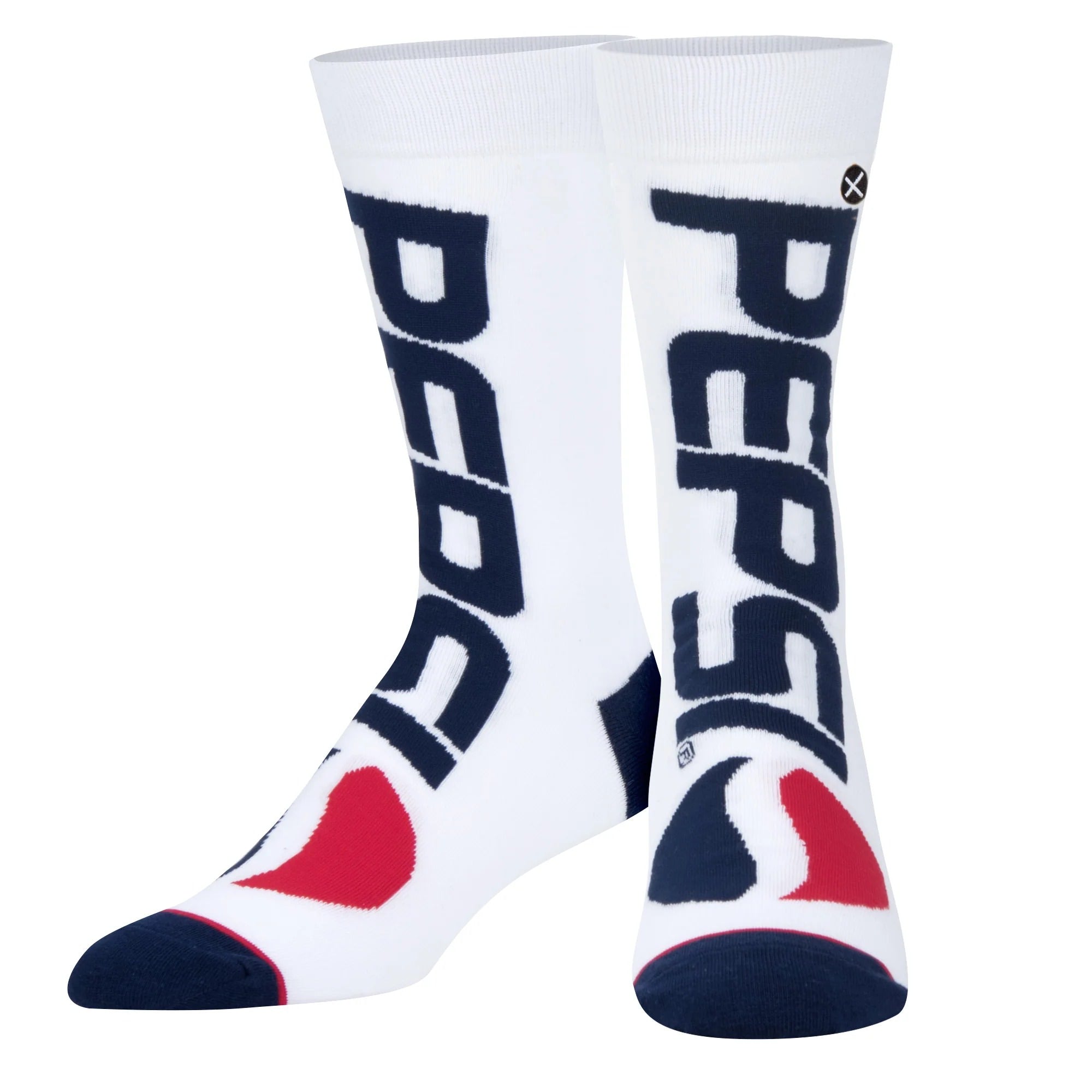 White crew socks with large navy 