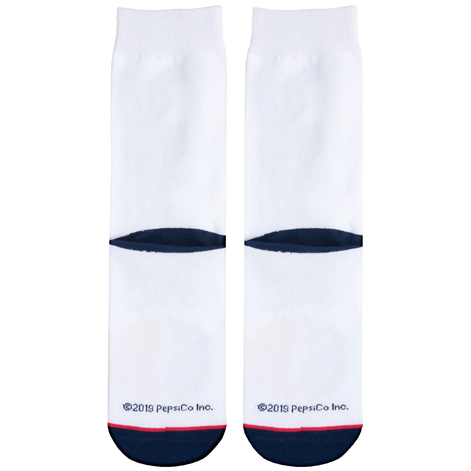 White crew socks with navy toe and heel, red accent stripe, 
